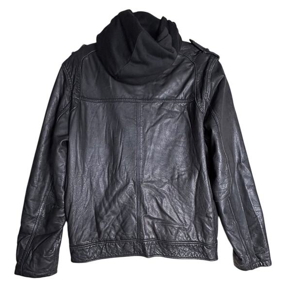 Black Rivet Leather Jacket GIII Mens SMALL Bomber Removable Hood MSRP $600 - Picture 2 of 16